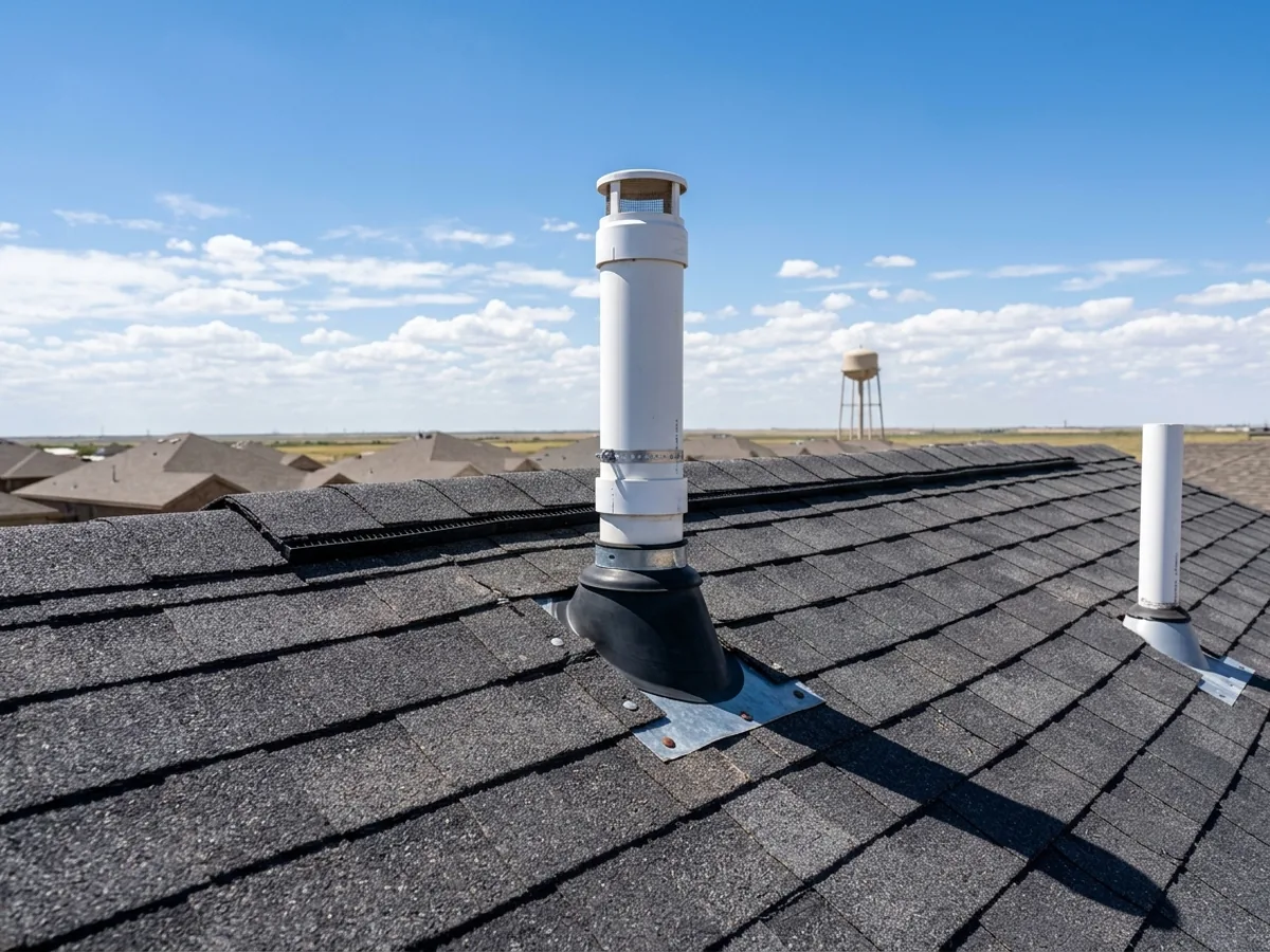 Radon vent stacks terminating above a shingle roofline near Lubbock, water tower in the distance