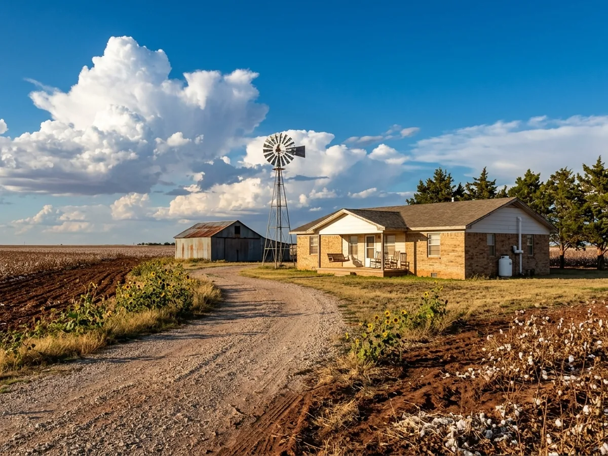 Farmhouse and windmill among cotton fields on the South Plains outside Lubbock